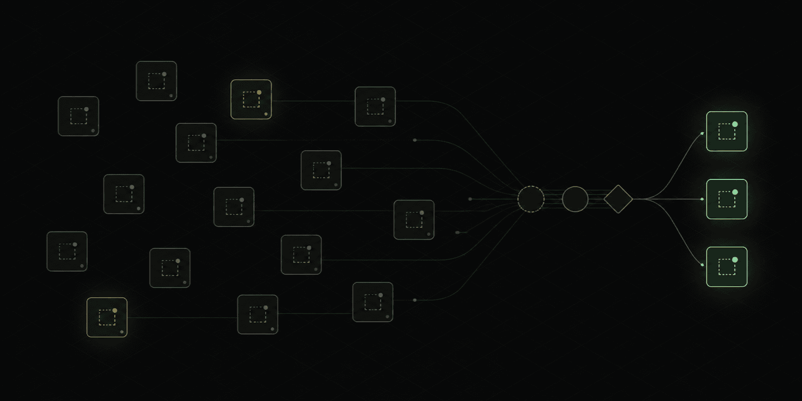 A field of dim application nodes, including two amber paused projects, converging through a narrow pipeline into three glowing green shipped products.
