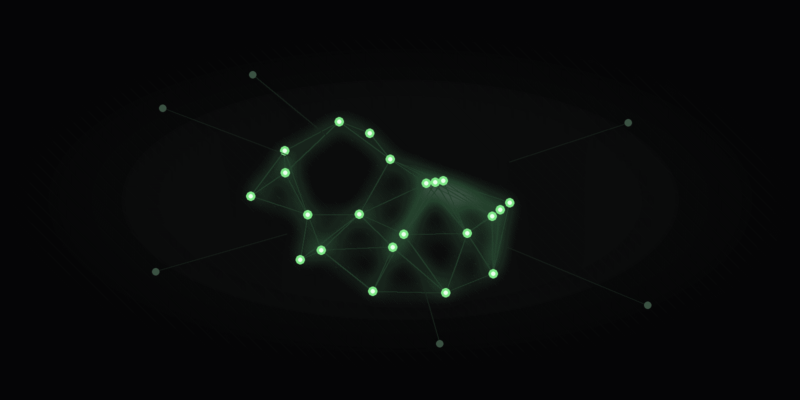 A connected green cluster of member nodes with several greyed-out nodes drifting away.